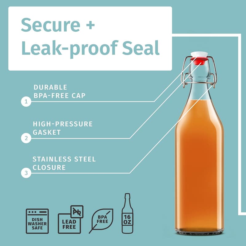 Set of 6 Classic 16oz Glass Bottles with Caps and Labels