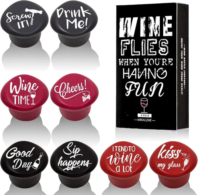 Funny Silicone Wine Stoppers Set – 8 Reusable Wine Accessories