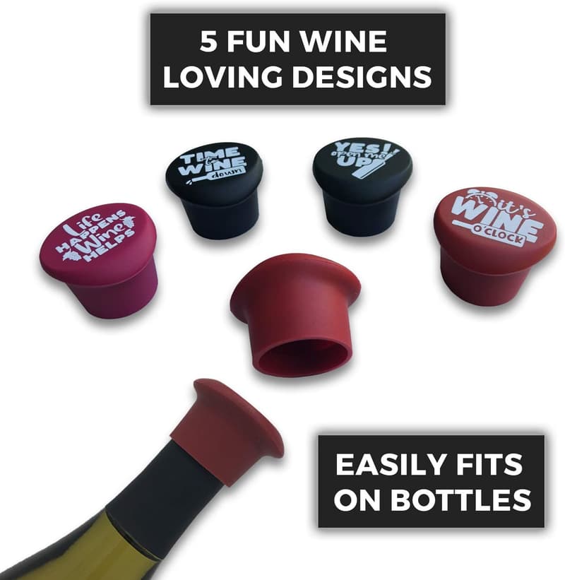 Cute Christmas Wine Stoppers Set of 5 - Silicone Gift Boxed