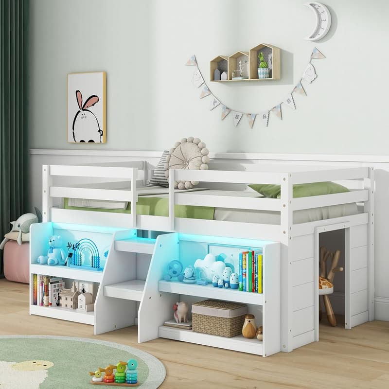 Low Loft Bed for Kids with LED Lights and Storage Bookcase