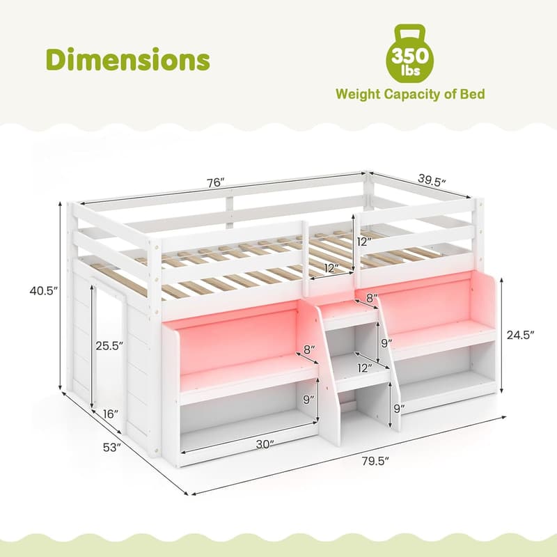 Low Loft Bed for Kids with LED Lights and Storage Bookcase