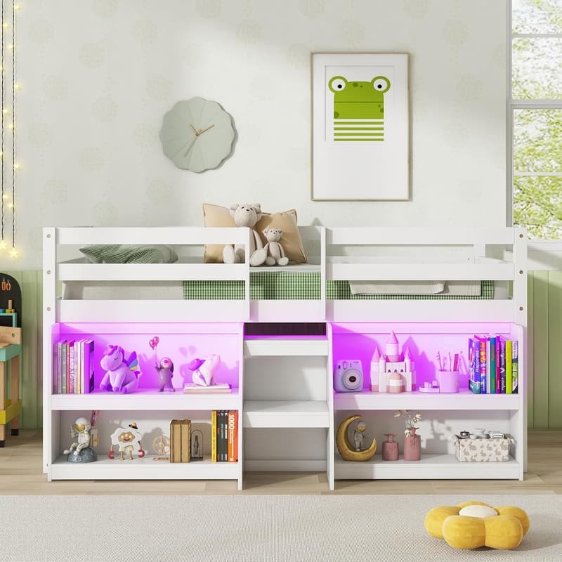 Low Loft Bed for Kids with LED Lights and Storage Bookcase