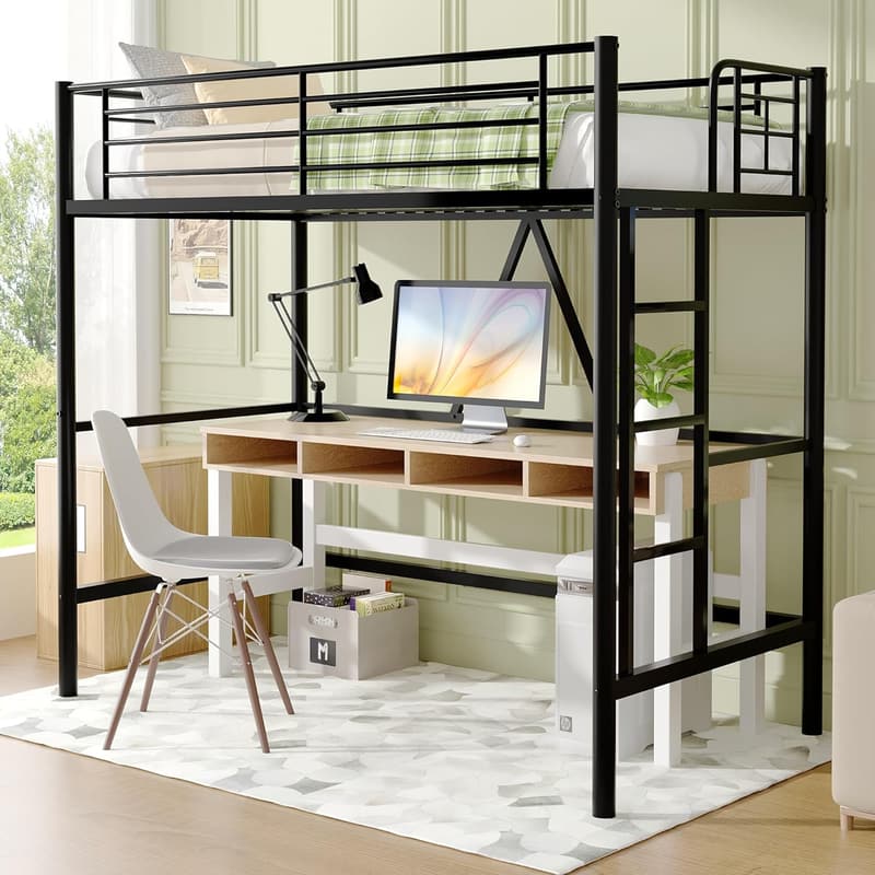 Twin Metal Loft Bed Frame with Removable Ladder & Guardrail - Black