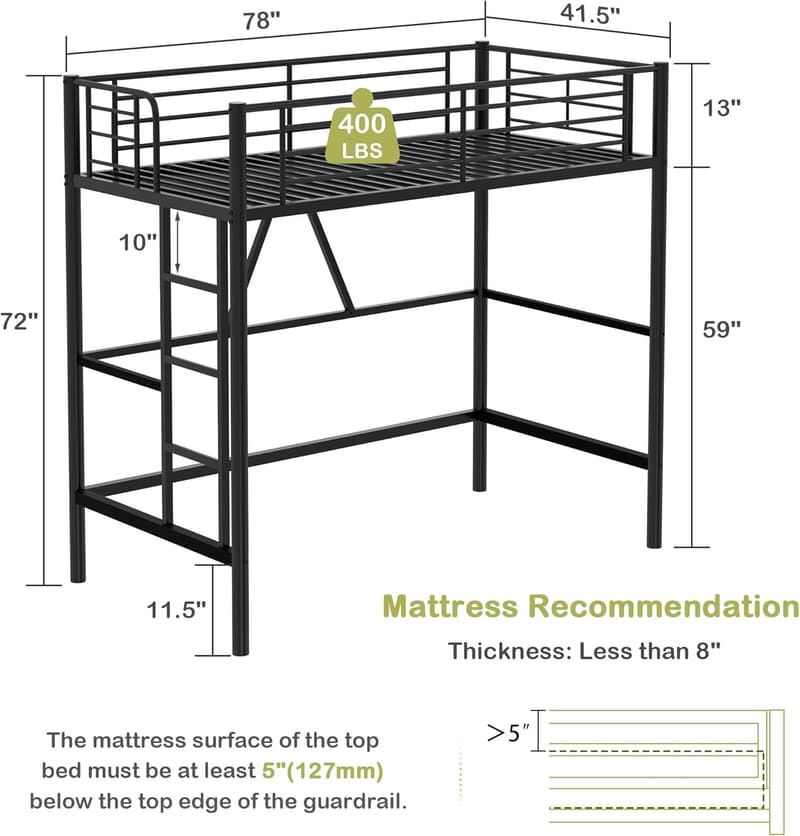 Twin Metal Loft Bed Frame with Removable Ladder & Guardrail - Black