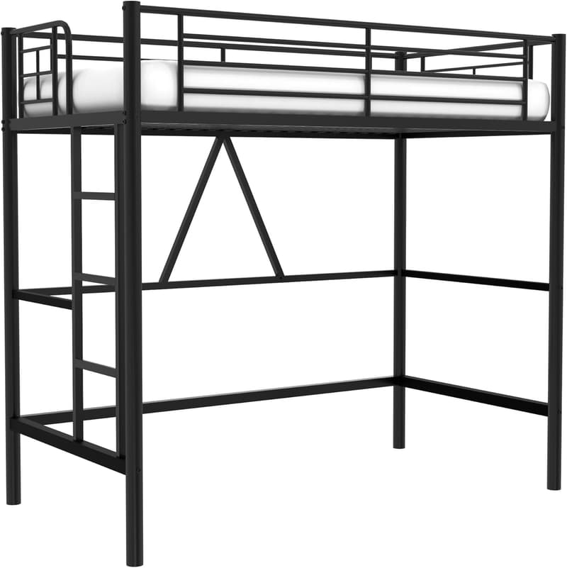Twin Metal Loft Bed Frame with Removable Ladder & Guardrail - Black