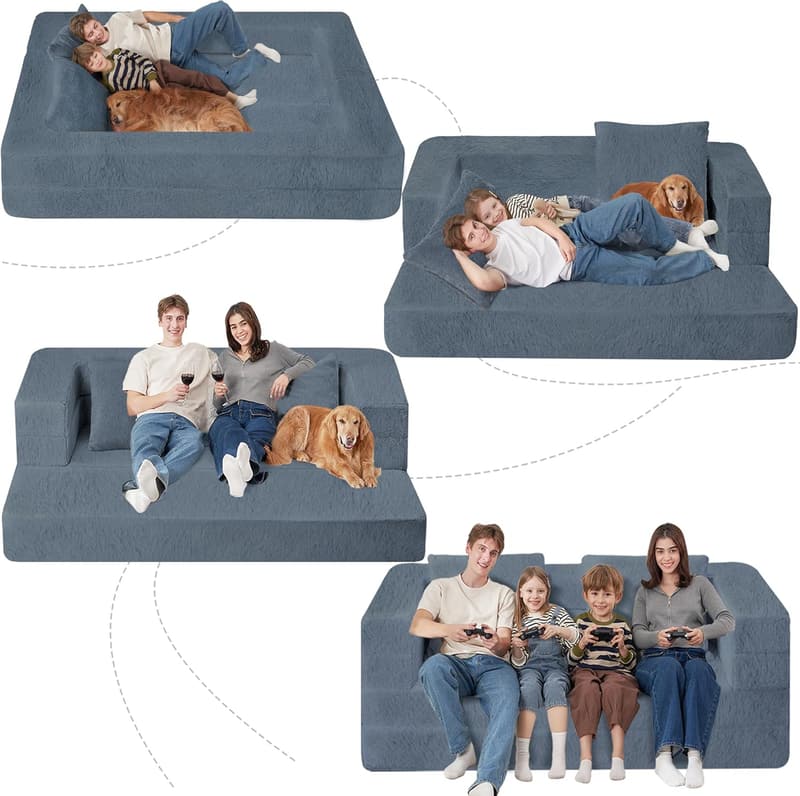 Convertible Faux Fur Bean Bag Chair for Adults - Large Gray