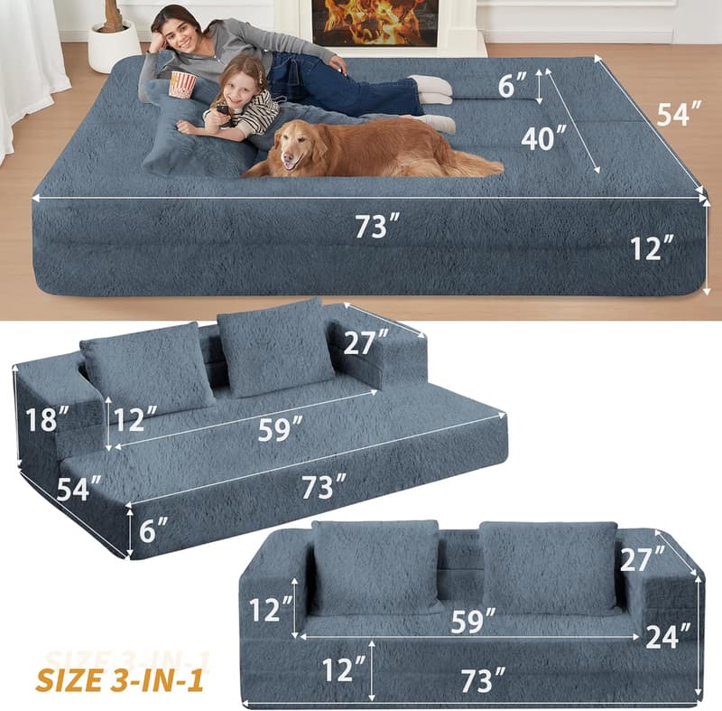Convertible Faux Fur Bean Bag Chair for Adults - Large Gray