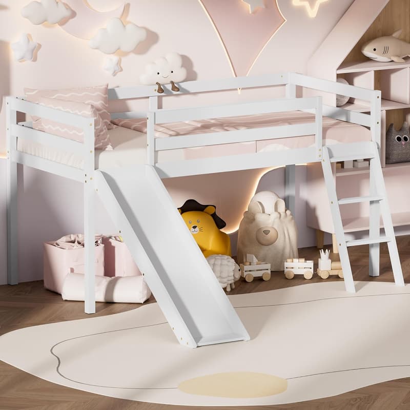 Kids' Twin Loft Bed with Slide, Ladder & Storage (White)