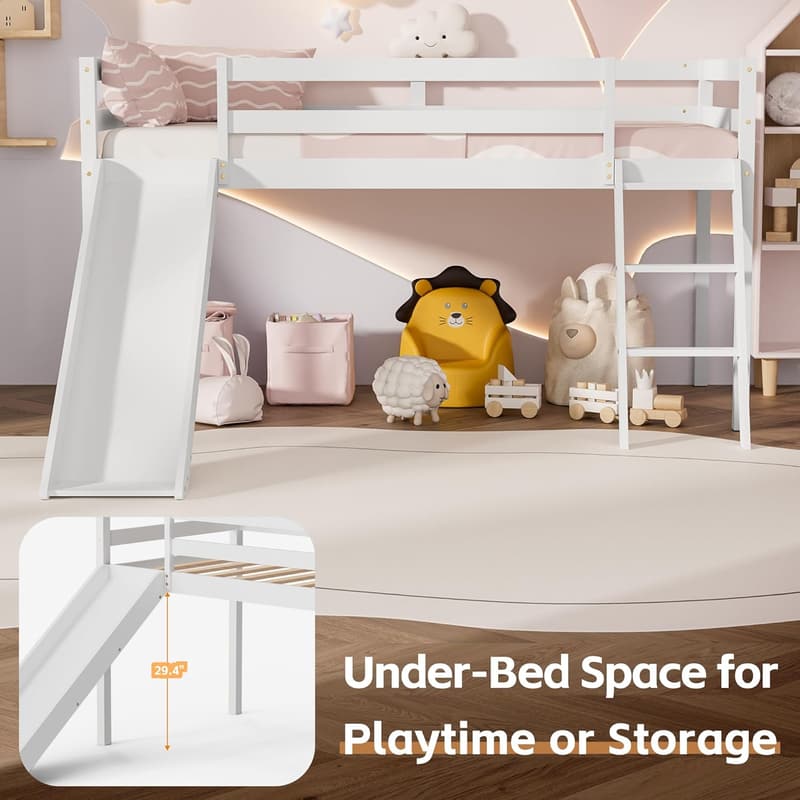 Kids' Twin Loft Bed with Slide, Ladder & Storage (White)