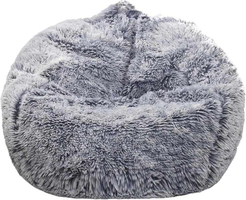 Gray Faux Fur Stuffed Animal Storage Bean Bag Cover for Kids
