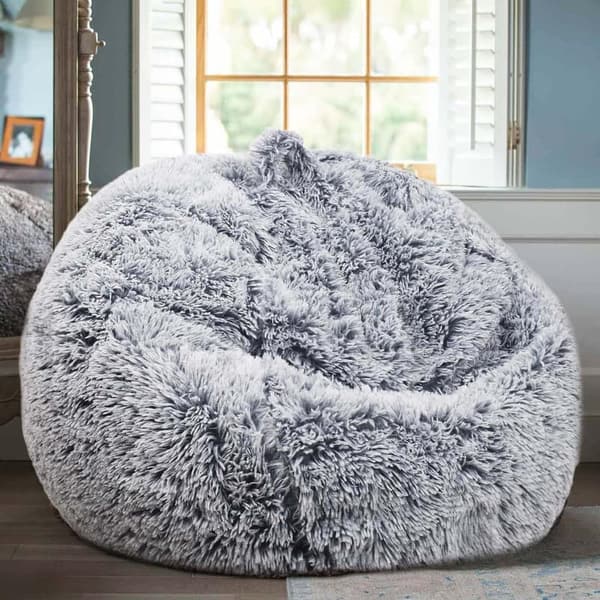 Gray Faux Fur Stuffed Animal Storage Bean Bag Cover for Kids