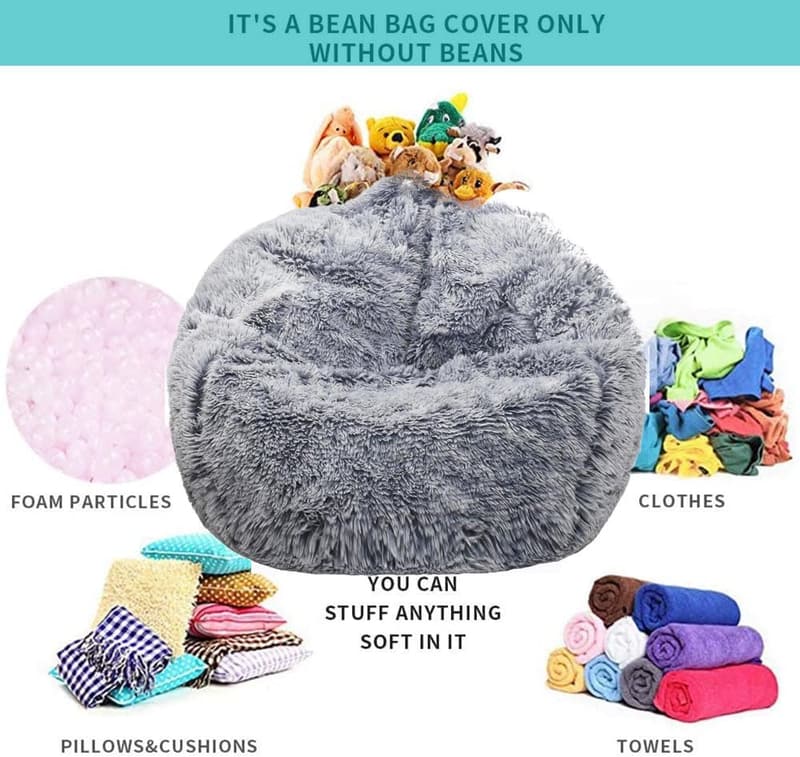 Gray Faux Fur Stuffed Animal Storage Bean Bag Cover for Kids