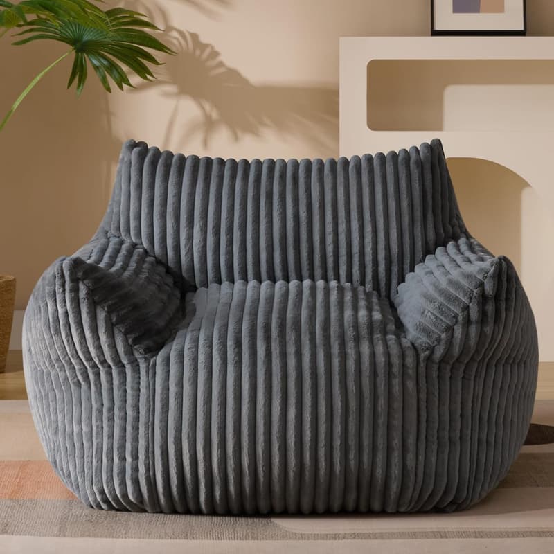 Oversized Grey Plush Bean Bag Chair with Armrests for Adults