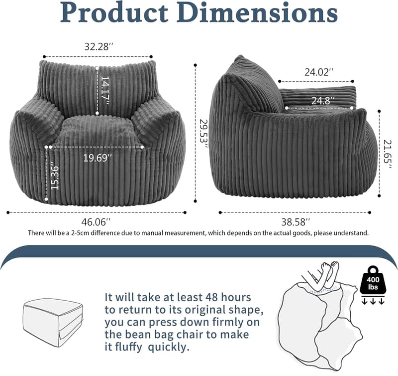 Oversized Grey Plush Bean Bag Chair with Armrests for Adults