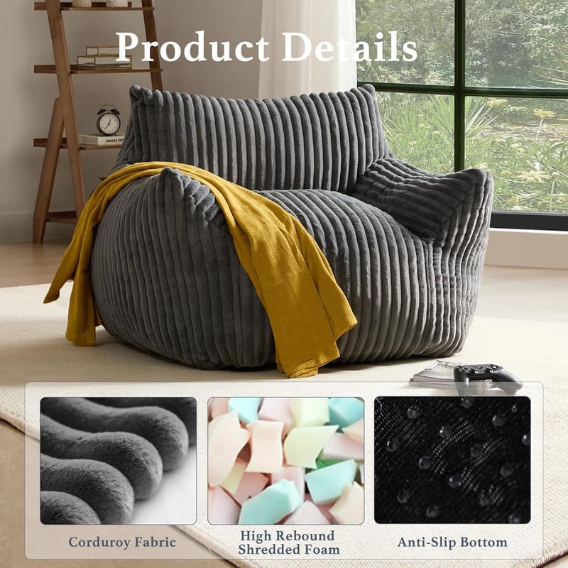 Oversized Grey Plush Bean Bag Chair with Armrests for Adults