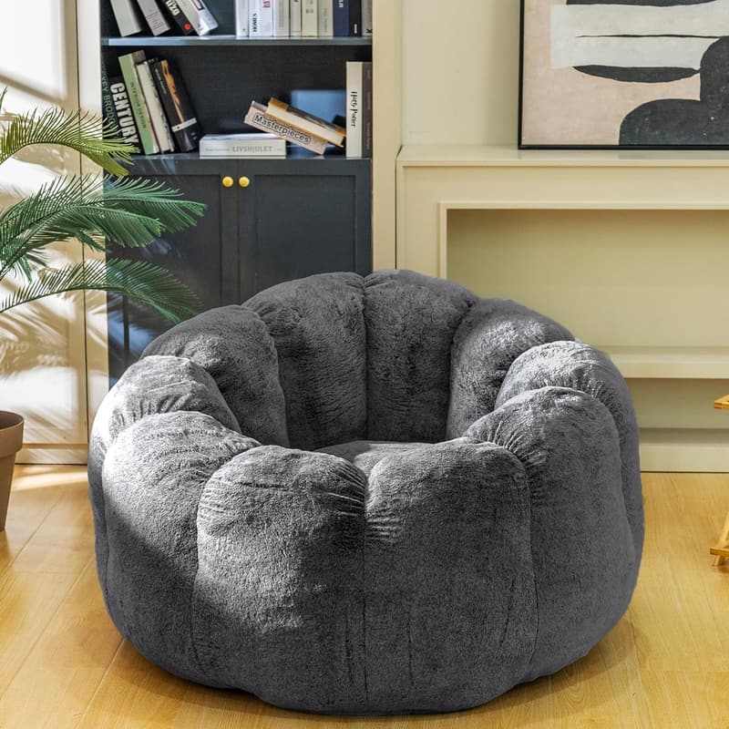 Large Grey Faux Fur Bean Bag Chair for Bedroom & Living Room