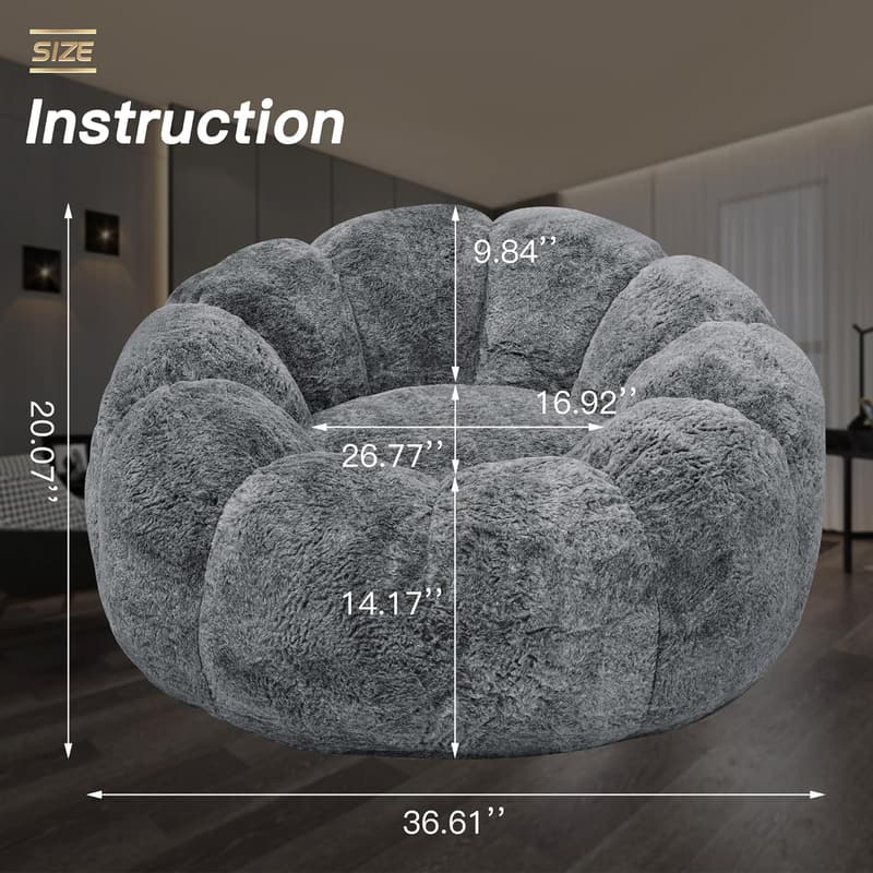Large Grey Faux Fur Bean Bag Chair for Bedroom & Living Room