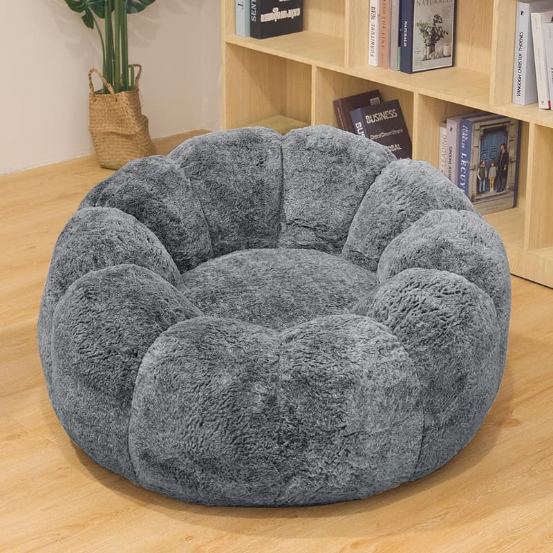 Large Grey Faux Fur Bean Bag Chair for Bedroom & Living Room
