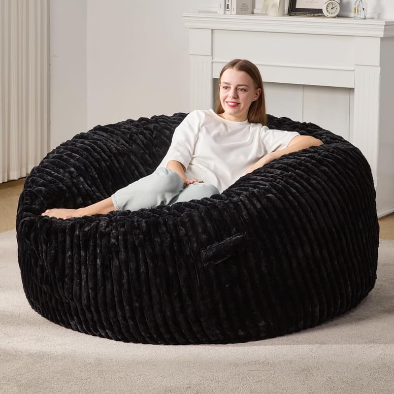 Large Black Bean Bag Chair with Plush Cover for Adults