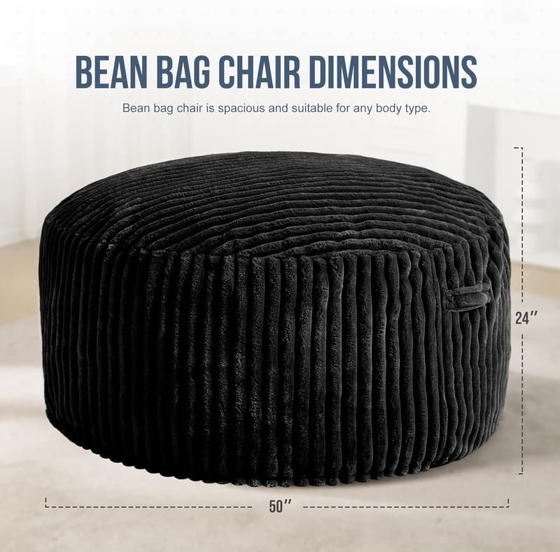 Large Black Bean Bag Chair with Plush Cover for Adults