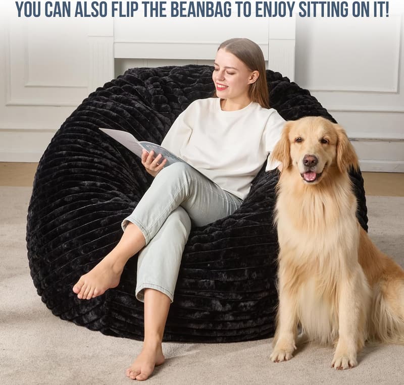Large Black Bean Bag Chair with Plush Cover for Adults