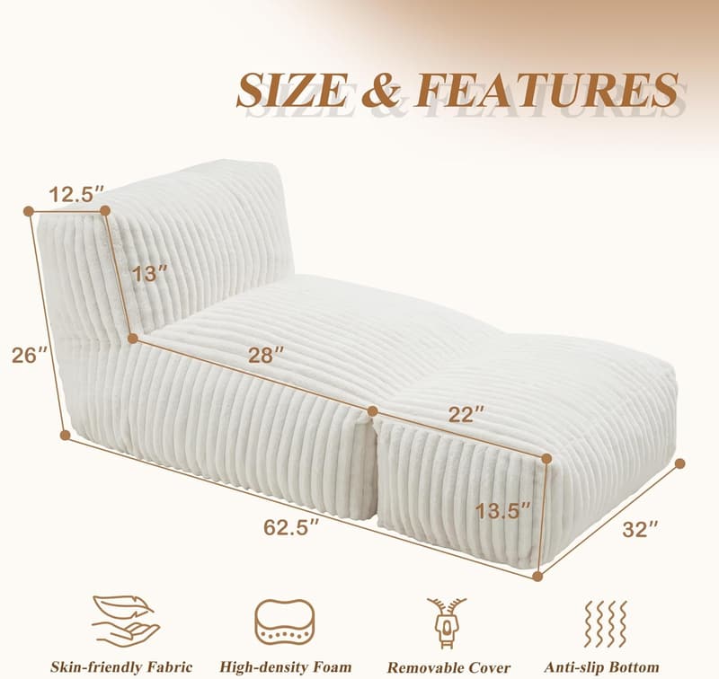 Large Memory Foam Bean Bag Chair for Adults - White