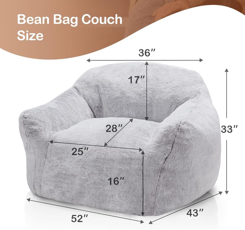Giant Light Grey Bean Bag Chair with Armrest for Adults