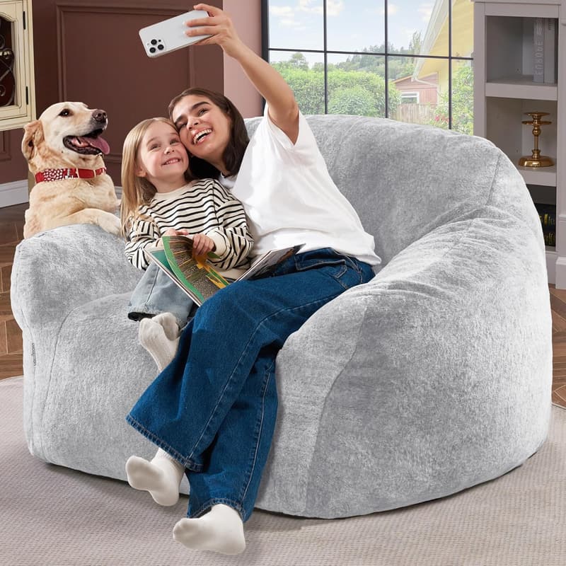 Giant Light Grey Bean Bag Chair with Armrest for Adults