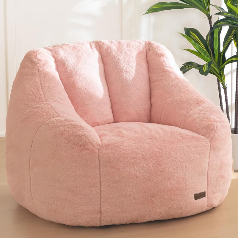 Comfy Pink Faux Fur Bean Bag Chair with Back Support