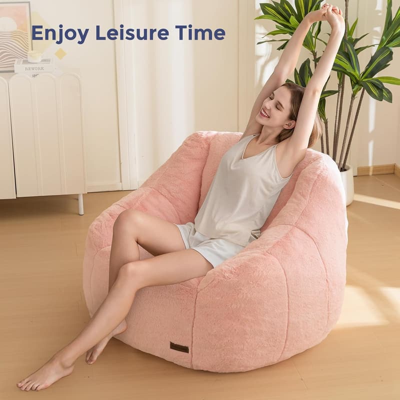 Comfy Pink Faux Fur Bean Bag Chair with Back Support