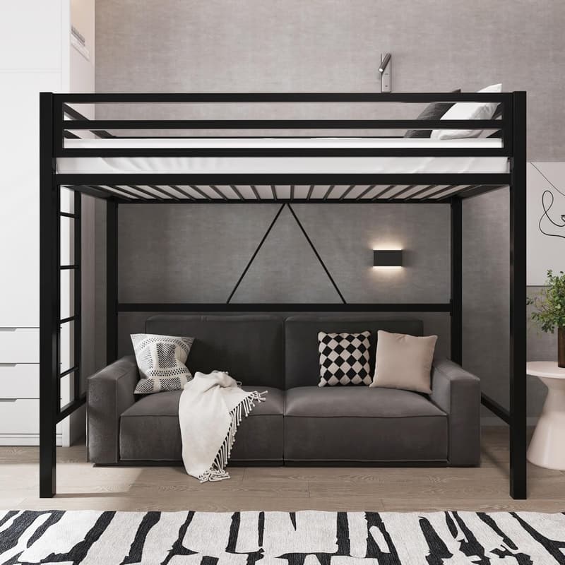 Twin Metal Loft Bed with Guardrail - Space-Saving Design, Black