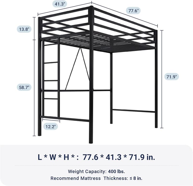 Twin Metal Loft Bed with Guardrail - Space-Saving Design, Black