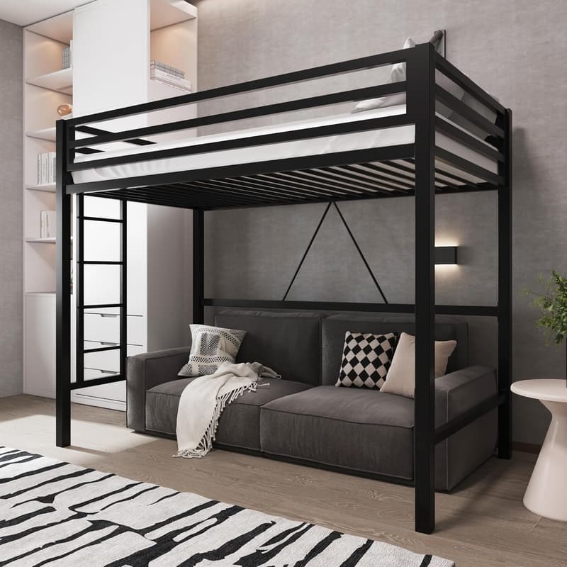 Twin Metal Loft Bed with Guardrail - Space-Saving Design, Black