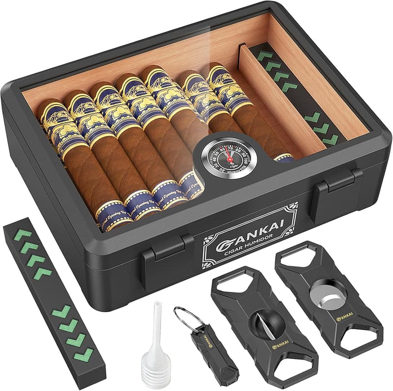 Cedar Wood Cigar Humidor with Glass Top & Humidifier