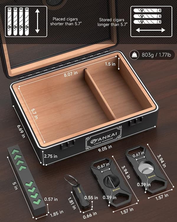 Cedar Wood Cigar Humidor with Glass Top & Humidifier