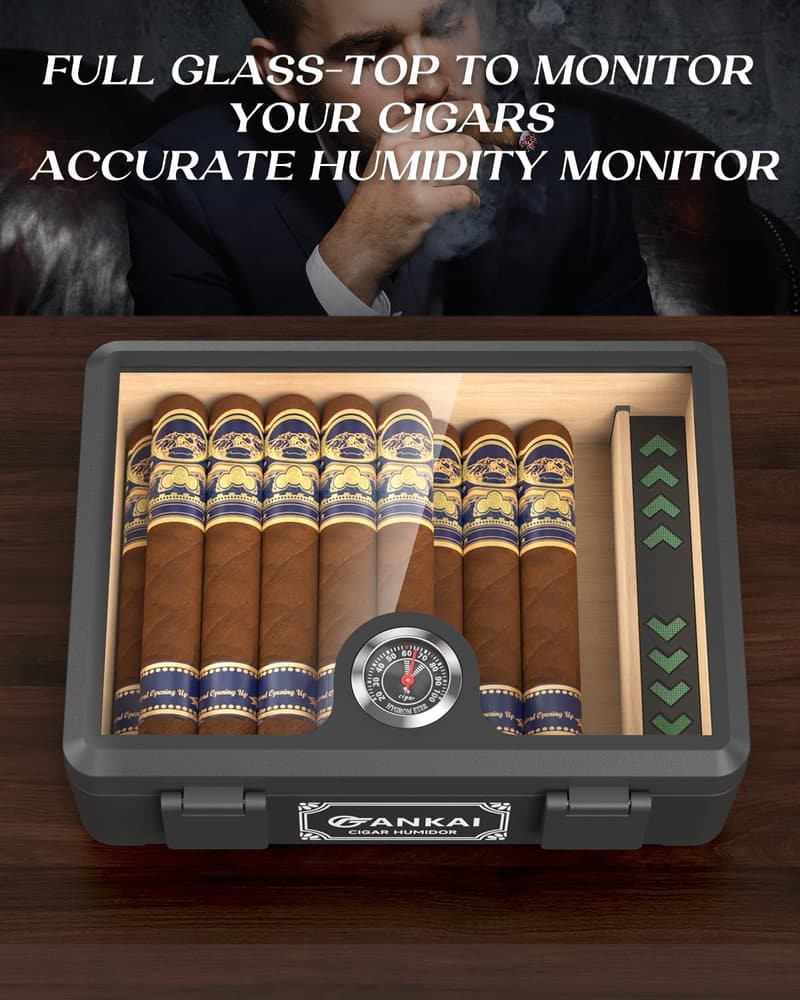 Cedar Wood Cigar Humidor with Glass Top & Humidifier