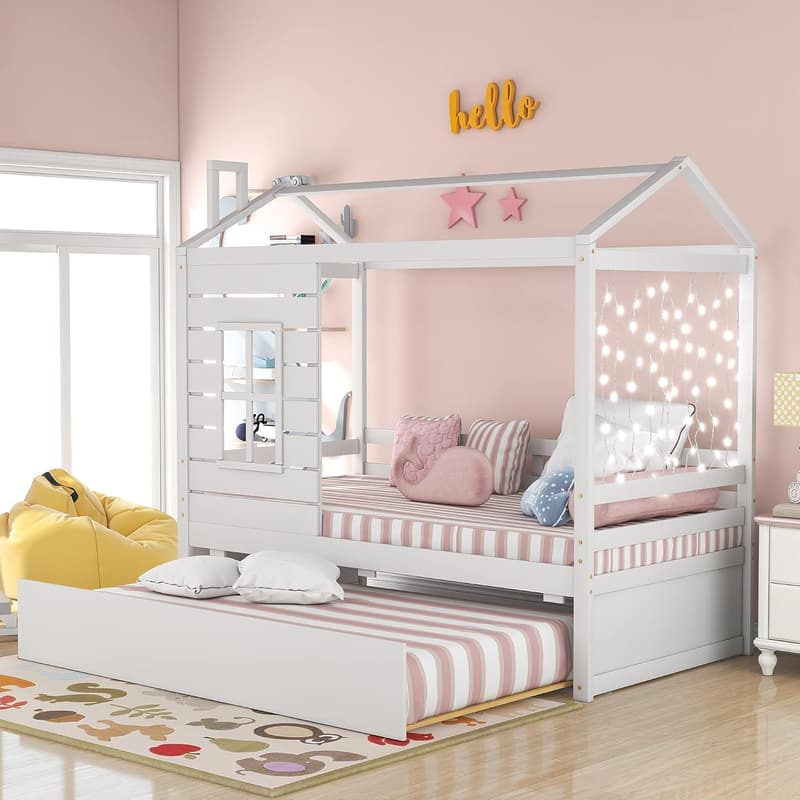 Twin Size Wood Bunk Bed with Trundle - White Daybed for Kids