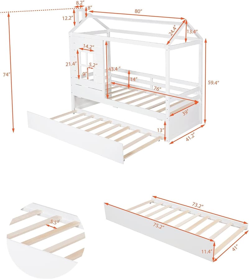 Twin Size Wood Bunk Bed with Trundle - White Daybed for Kids