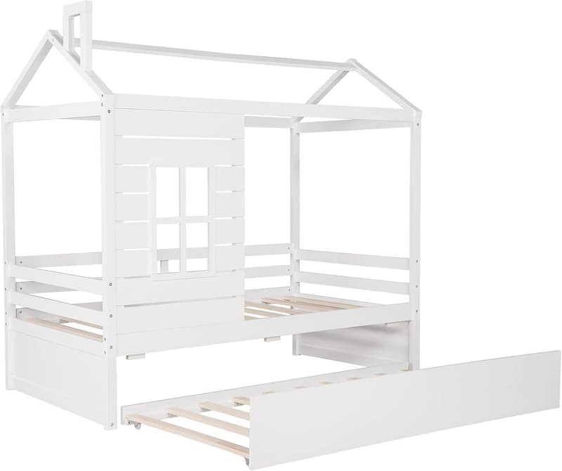 Twin Size Wood Bunk Bed with Trundle - White Daybed for Kids