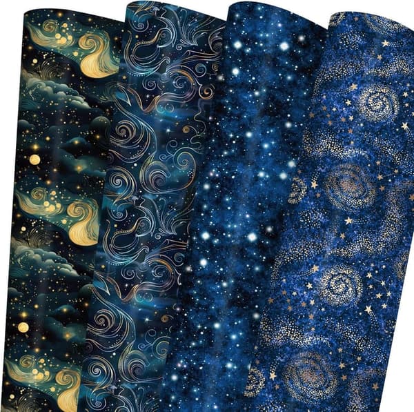 Birthday Galaxy Gift Wrap - Blue Gold Nebula Design, 8 Sheets