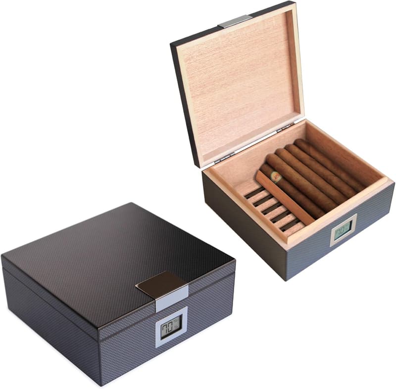 Handcrafted Carbon Fiber Cedar Humidor with Digital Hygrometer