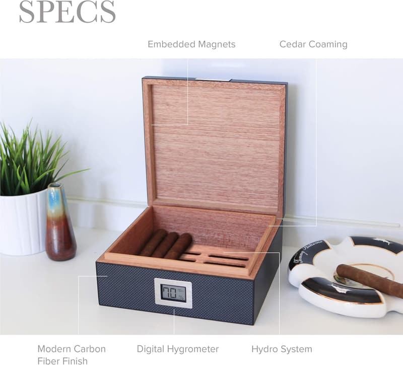 Handcrafted Carbon Fiber Cedar Humidor with Digital Hygrometer
