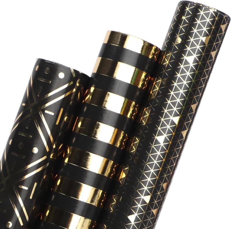Black and Gold Birthday Wrapping Paper for Men – 3 Mini Rolls