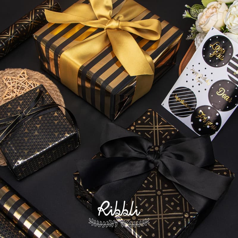 Black and Gold Birthday Wrapping Paper for Men – 3 Mini Rolls