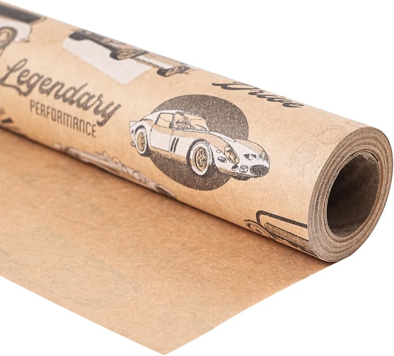 Birthday Wrapping Paper Roll - Retro Racing Car Design, 17x33ft