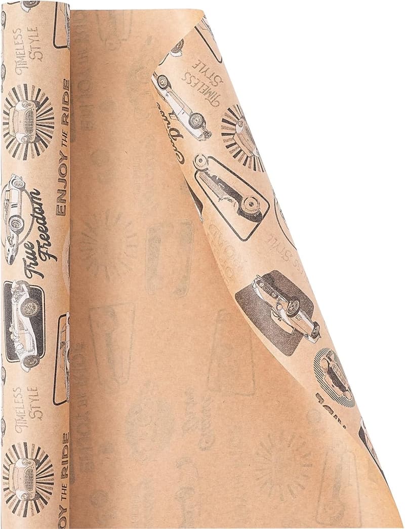 Birthday Wrapping Paper Roll - Retro Racing Car Design, 17x33ft