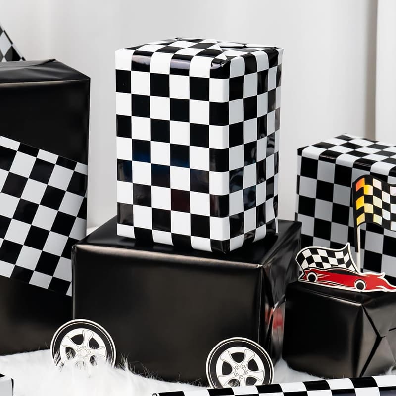 Reversible Checkered Flag Gift Wrap Roll for Kid's Birthday