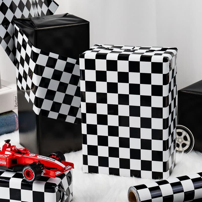 Reversible Checkered Flag Gift Wrap Roll for Kid's Birthday