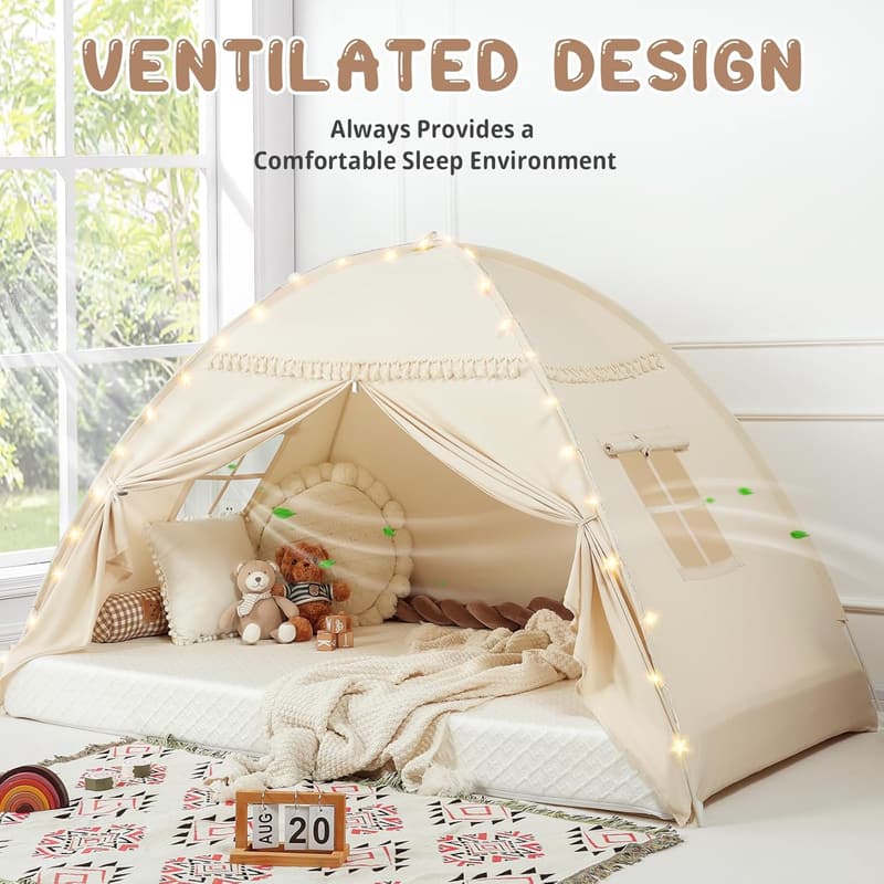 Toddler Bed Canopy Tent with Lights & Flags - Large Playhouse