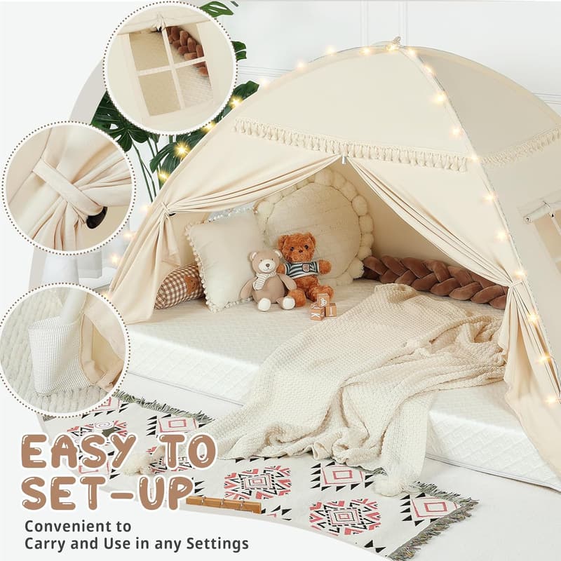 Toddler Bed Canopy Tent with Lights & Flags - Large Playhouse